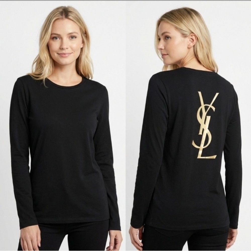 Yves Saint Laurent YSL Beaute’ Black Long Sleeve Logo Print Tee T Shirt Top XL